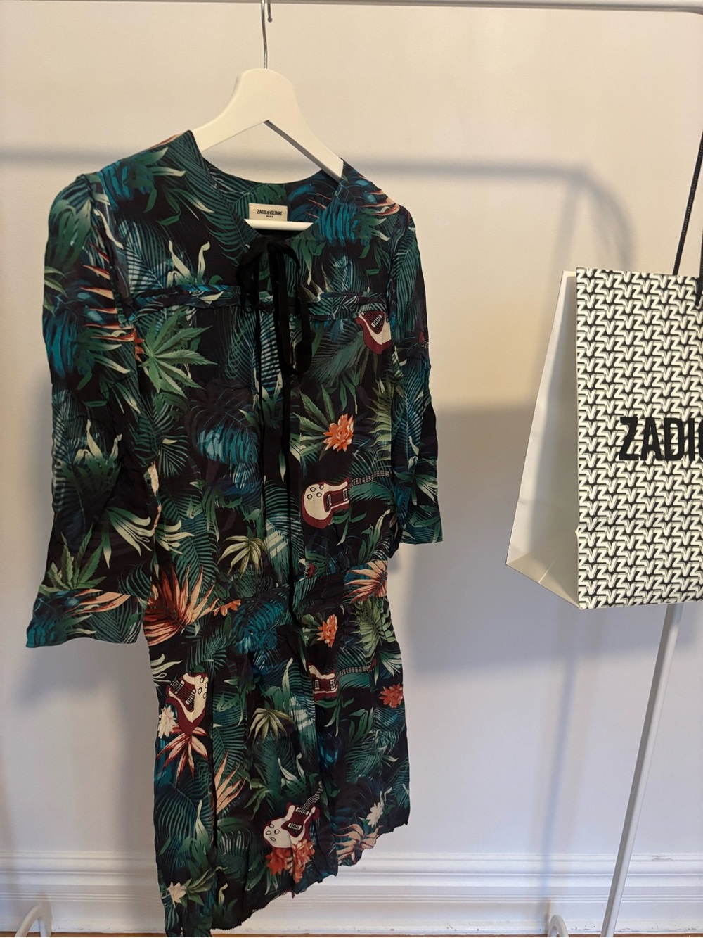 Zadig & Voltaire Green Tropical Print Tie-Neck Dress
